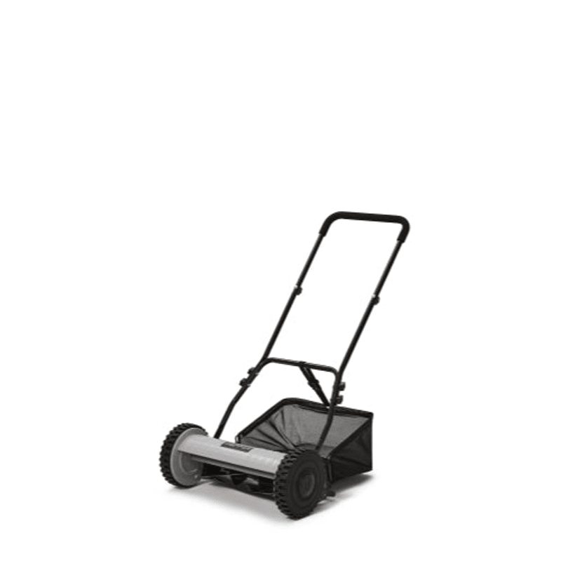 Dapper Supply 16-inch push reel lawn mower front angle with grass catcher bag.