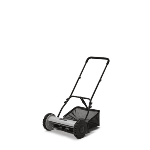 Dapper Supply 16-inch push reel lawn mower front angle with grass catcher bag.