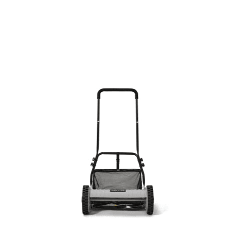 Dapper Supply 16-inch push reel lawn mower front view showing the cutting reel and wheels.