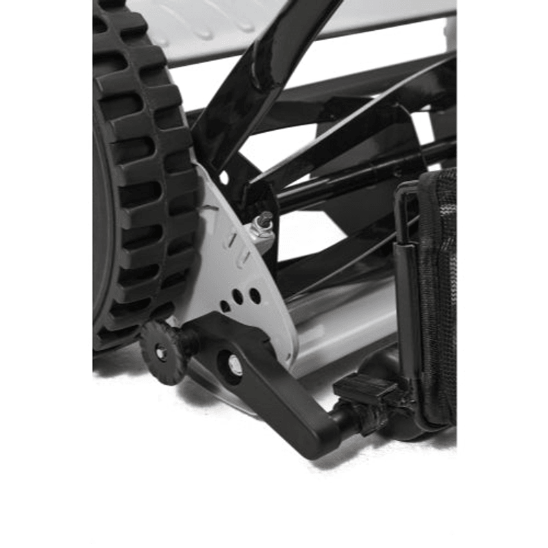 Dapper Supply push reel lawn mower height-adjustment bracket and rear roller detail.
