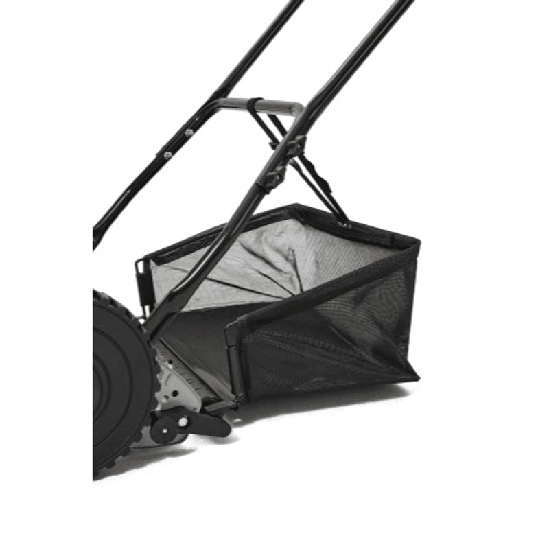 Dapper Supply 16-inch push reel lawn mower side view with the rear grass catcher attached.