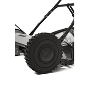 Dapper Supply push reel lawn mower large traction wheel and reel housing detail.