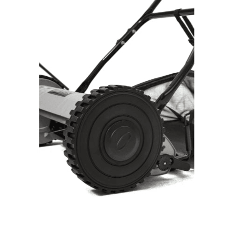 Dapper Supply push reel lawn mower large traction wheel and reel housing detail.
