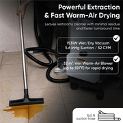 Dapper Supply all-in-one restroom cleaning machine wet vacuum extraction and warm-air drying specs.