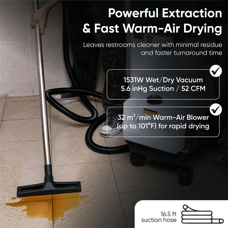 Dapper Supply all-in-one restroom cleaning machine wet vacuum extraction and warm-air drying specs.