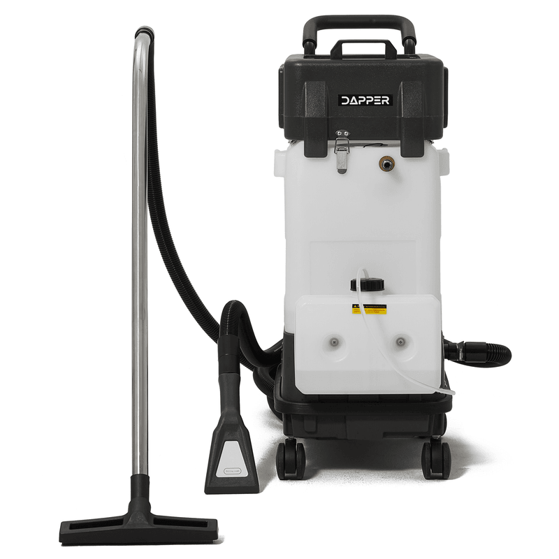 Dapper Supply all-in-one restroom cleaning machine front view with vacuum wand.