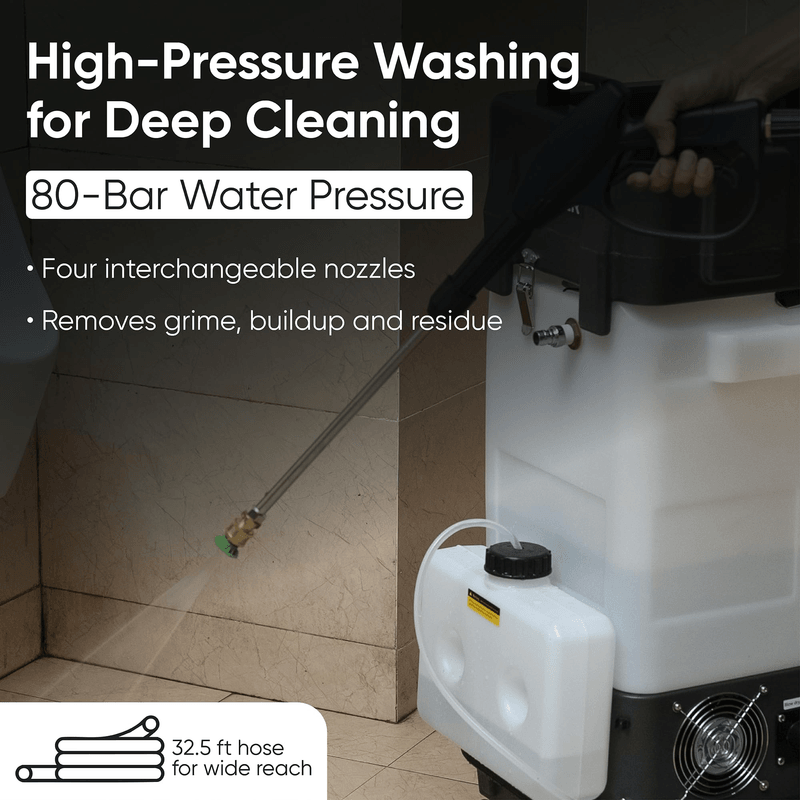 Dapper Supply all-in-one restroom cleaning machine high-pressure washing with 80-bar pressure.