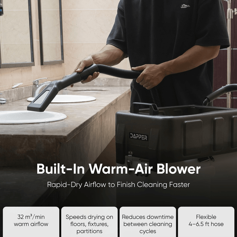 Dapper Supply all-in-one restroom cleaning machine built-in warm-air blower drying a counter.