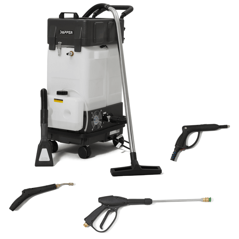 Dapper Supply all-in-one restroom cleaning machine with vacuum wand and pressure guns.