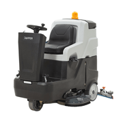 Dapper Supply ride-on floor scrubber angled view with seat, brushes, and squeegee.