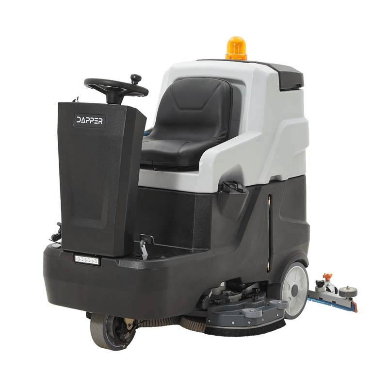 Dapper Supply ride-on floor scrubber angled view with seat, brushes, and squeegee.