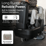 Dapper Supply ride-on floor scrubber infographic showing battery runtime and recharge time.