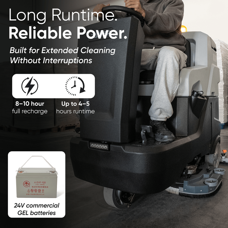 Dapper Supply ride-on floor scrubber infographic showing battery runtime and recharge time.