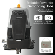Dapper Supply ride-on floor scrubber with 24V GEL battery, 5 hour runtime, 8 to 10 hour charge.