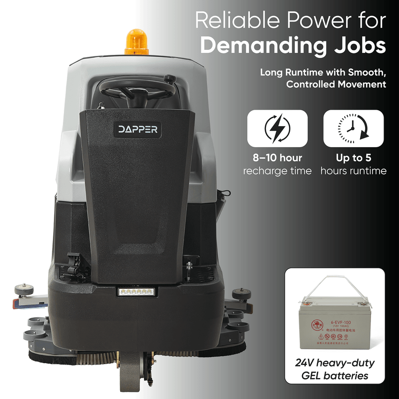 Dapper Supply ride-on floor scrubber with 24V GEL battery, 5 hour runtime, 8 to 10 hour charge.