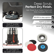 Dapper Supply ride-on floor scrubber dual 19 inch brushes and 48 inch squeegee.