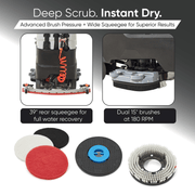Dapper Supply ride-on floor scrubber infographic showing 39-inch squeegee and dual brushes at 180 RPM.