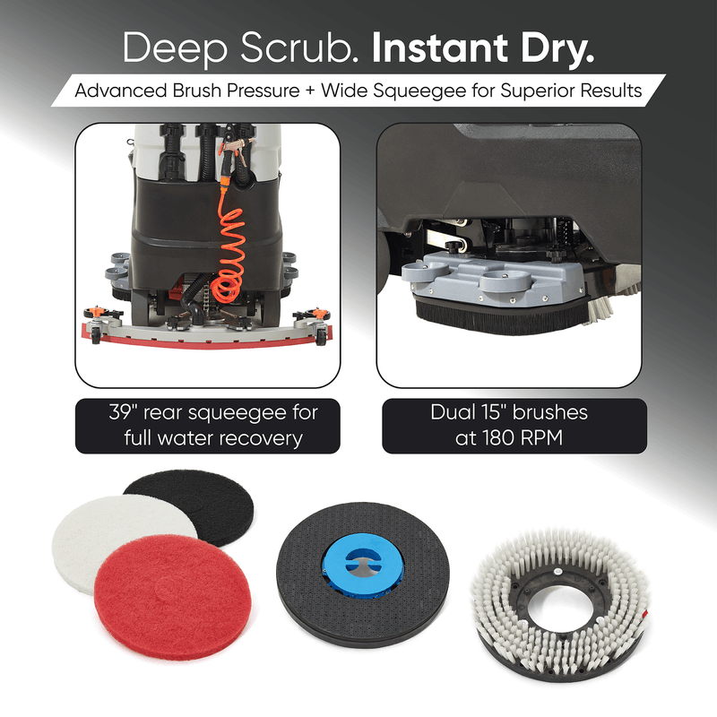 Dapper Supply ride-on floor scrubber infographic showing 39-inch squeegee and dual brushes at 180 RPM.