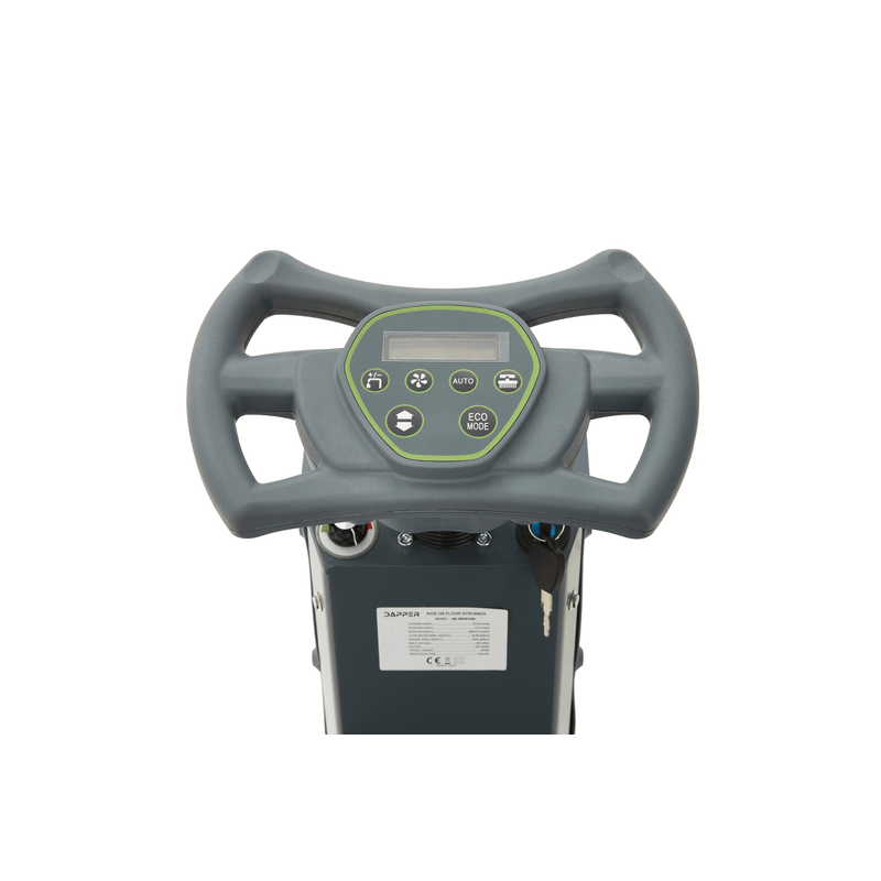 Dapper Supply ride-on floor scrubber control panel with LCD display and function buttons.
