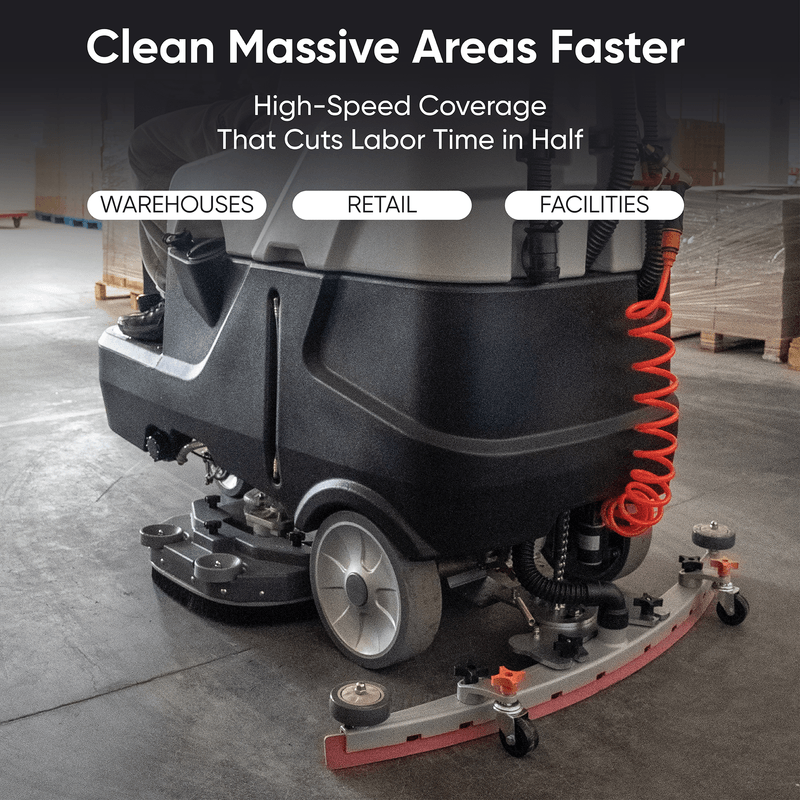 Dapper Supply ride-on floor scrubber infographic showing high-speed coverage for warehouses and facilities.