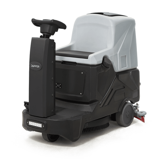 Dapper Supply battery ride-on floor scrubber shown at a front angle with operator seat.
