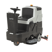 Dapper Supply ride-on floor scrubber front angle with steering wheel and brush deck.
