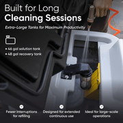 Dapper Supply ride-on floor scrubber with 46 gallon solution and 48 gallon recovery tanks.