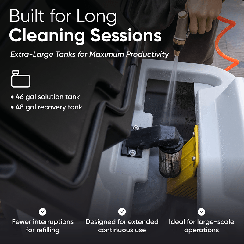 Dapper Supply ride-on floor scrubber with 46 gallon solution and 48 gallon recovery tanks.