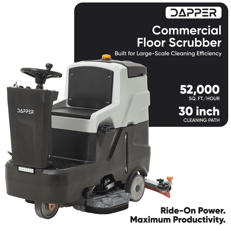 Dapper Supply ride-on floor scrubber infographic showing 52,000 sq ft per hour and 30-inch cleaning path.
