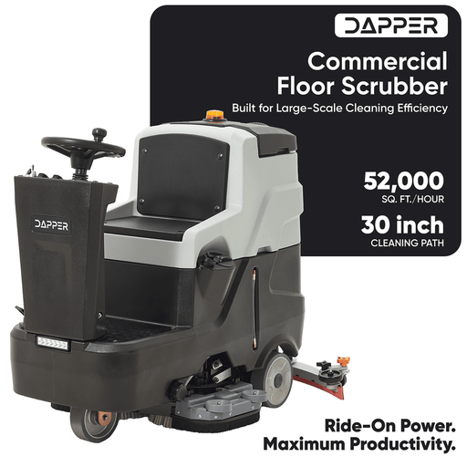Dapper Supply ride-on floor scrubber infographic showing 52,000 sq ft per hour and 30-inch cleaning path.