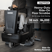 Dapper Supply ride-on floor scrubber with 38 inch path and 84,000 sq ft per hour output.