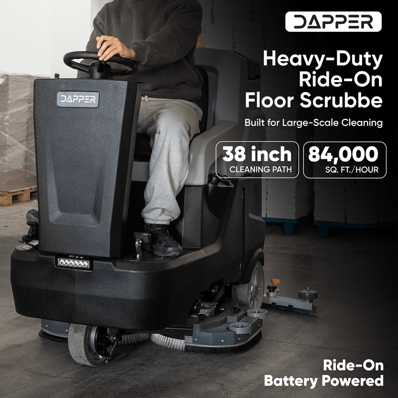 Dapper Supply ride-on floor scrubber with 38 inch path and 84,000 sq ft per hour output.