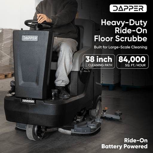 Dapper Supply ride-on floor scrubber with 38 inch path and 84,000 sq ft per hour output.
