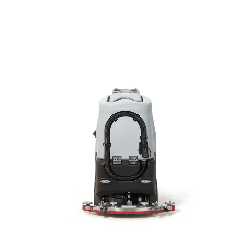 Dapper Supply ride-on floor scrubber rear view showing the 31.5 inch squeegee and recovery hose.