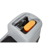 Dapper Supply ride-on floor scrubber recovery tank opening with float filter close up.