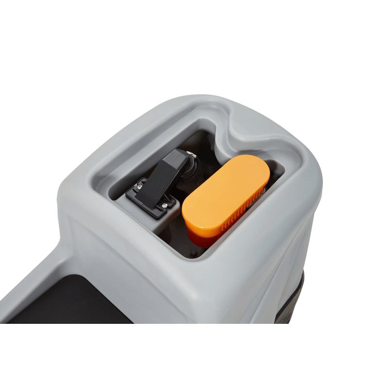 Dapper Supply ride-on floor scrubber recovery tank opening with float filter close up.