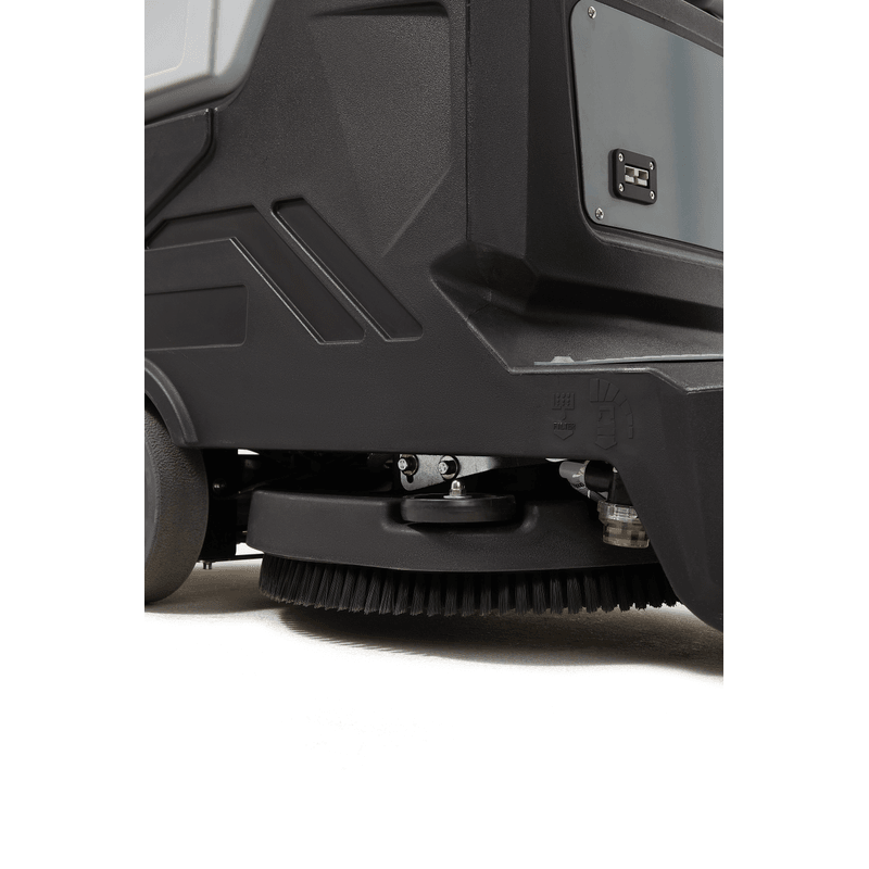 Dapper Supply ride-on floor scrubber underside showing the 22 inch scrub brush.