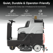 Dapper Supply ride-on floor scrubber side view highlighting quiet 70 dB operation.