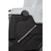 Dapper Supply ride-on floor scrubber solution tank fill cap and drain tube close up.