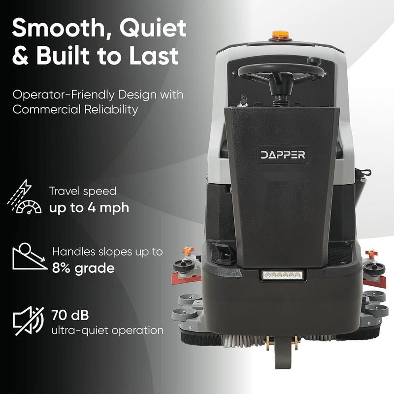Dapper Supply ride-on floor scrubber infographic showing travel speed, gradeability, and 70 dB operation.