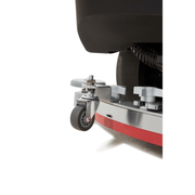 Dapper Supply ride-on floor scrubber squeegee blade and caster close up.