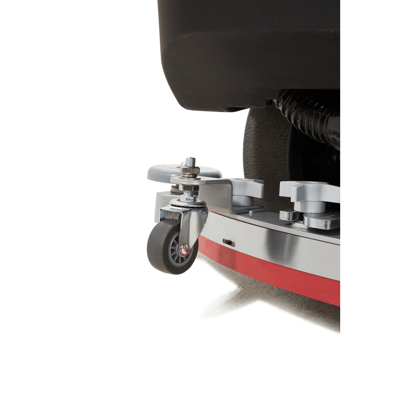 Dapper Supply ride-on floor scrubber squeegee blade and caster close up.