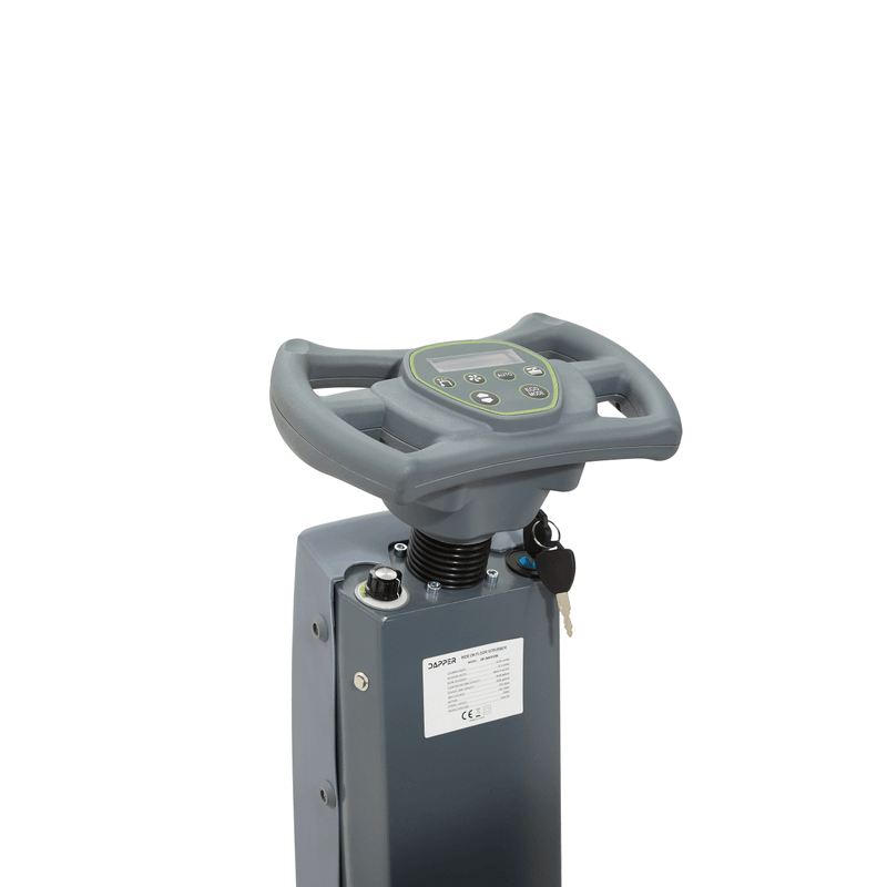 Dapper Supply ride-on floor scrubber steering column with control panel and specification label.