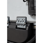 Dapper Supply ride-on floor scrubber recovery tank latch hinge close up.
