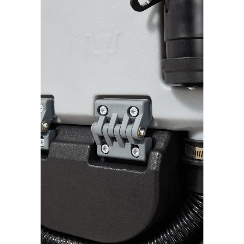Dapper Supply ride-on floor scrubber recovery tank latch hinge close up.