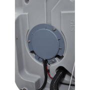 Dapper Supply ride-on floor scrubber underside access panel and drain close up.