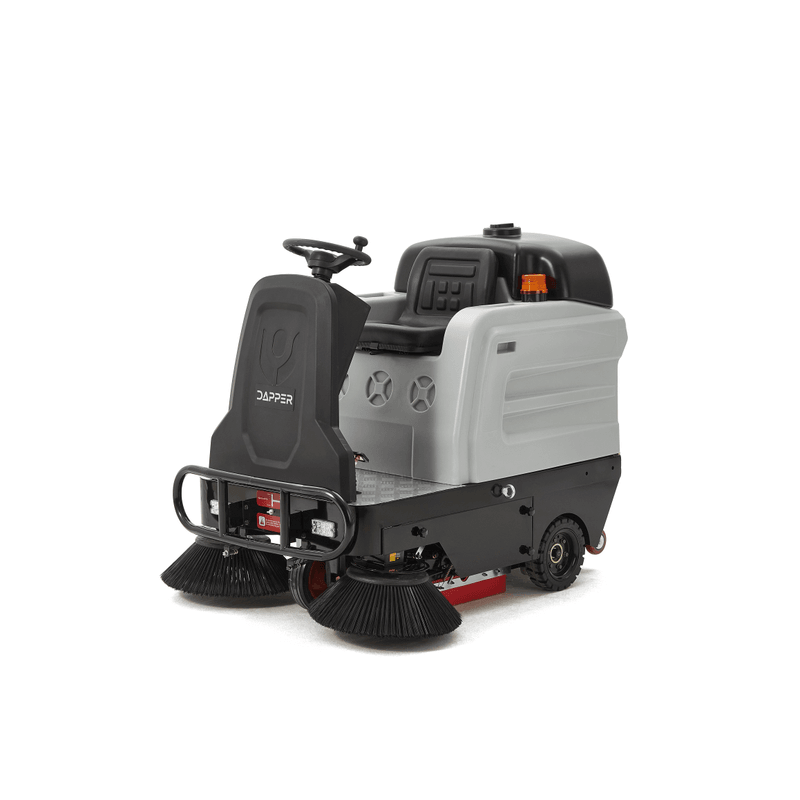 Dapper Supply ride-on floor sweeper front angle view with dual side brushes.