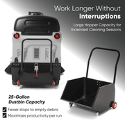 Dapper Supply ride-on sweeper infographic showing the 25-gallon removable hopper.