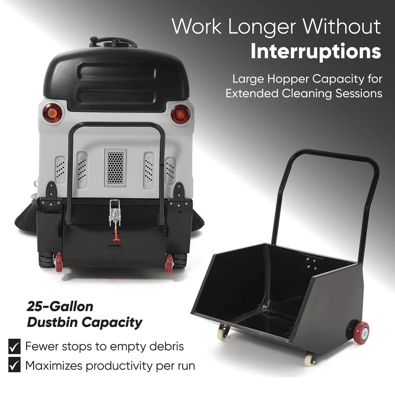 Dapper Supply ride-on sweeper infographic showing the 25-gallon removable hopper.