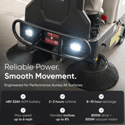 Dapper Supply ride-on sweeper infographic showing the 48V battery, runtime, speed, and motor power.